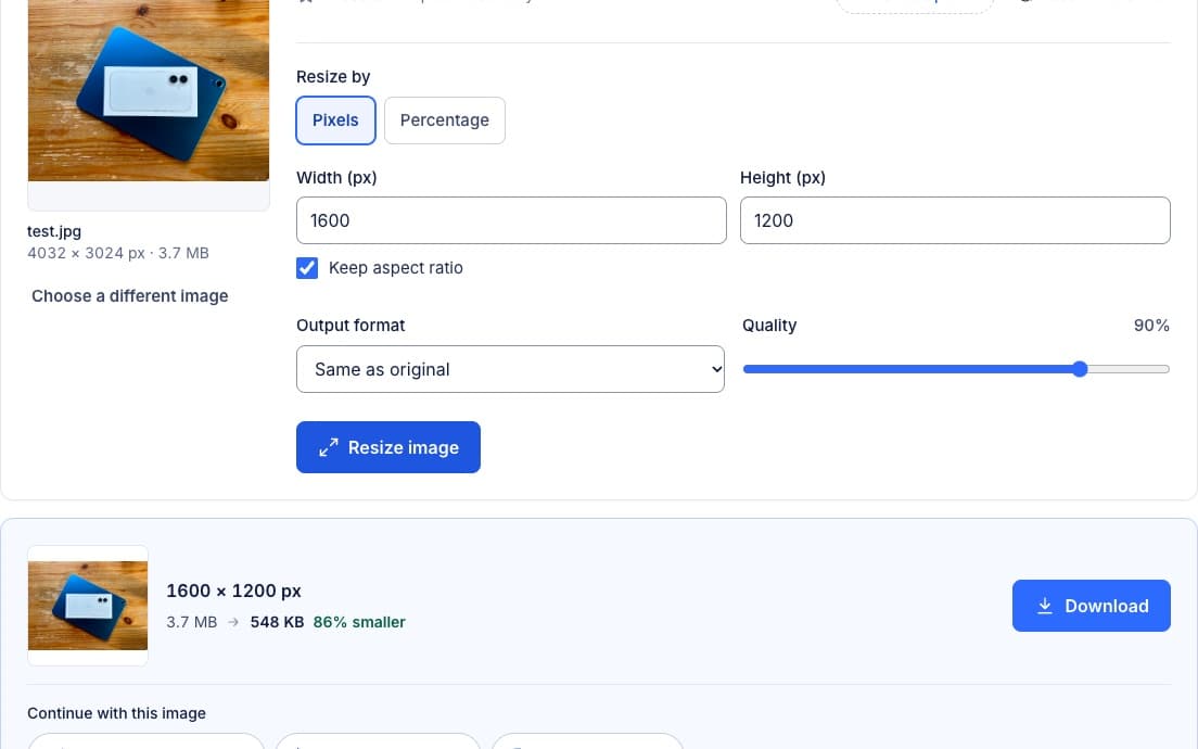Image Resizer with a 4032 × 3024 px, 3.7 MB photo: width 1600, height filled in as 1200 with Keep aspect ratio ticked, quality 90%, and the result 1600 × 1200 px, 548 KB, 86% smaller.