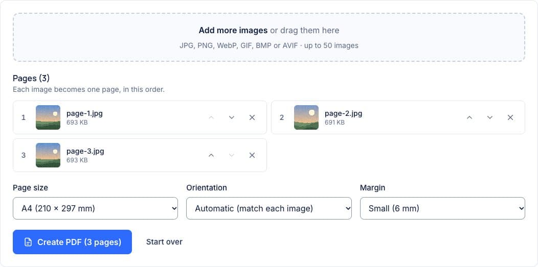 Image to PDF with three pages in order, up, down and remove buttons for each, and A4 page size, automatic orientation and a 6 mm margin selected.
