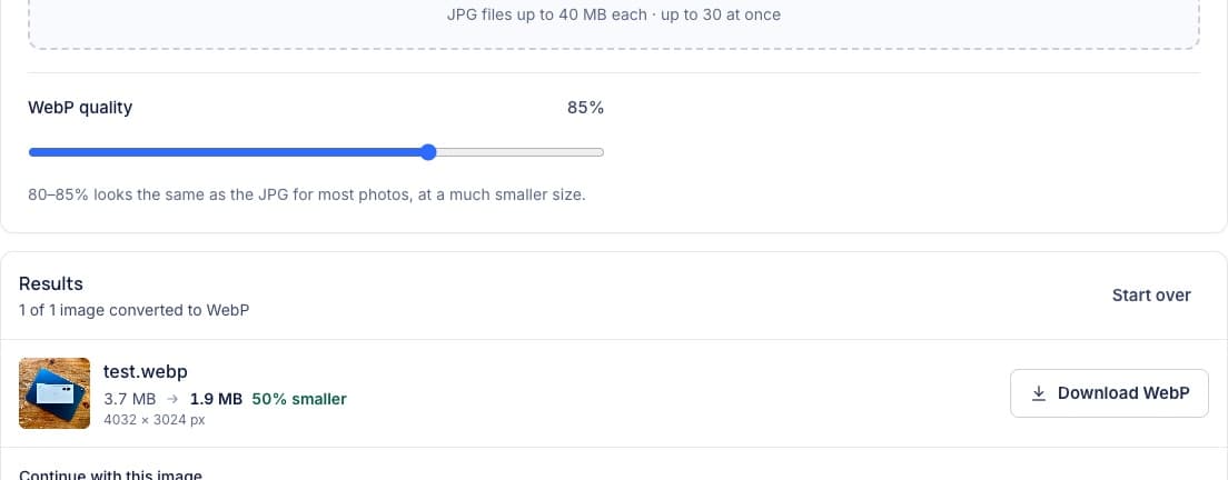 JPG to WebP converter at 85% quality: test.jpg converted to test.webp, 3.7 MB to 1.9 MB, 50% smaller, 4032 × 3024 px, with a Download WebP button.