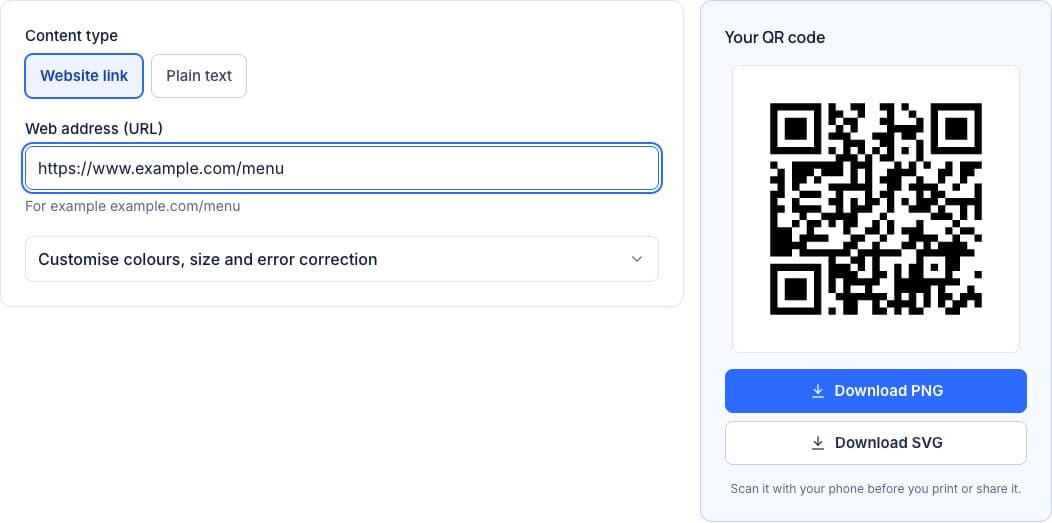 QR Code Generator with https://www.example.com/menu entered and the generated code shown next to Download PNG and Download SVG buttons.