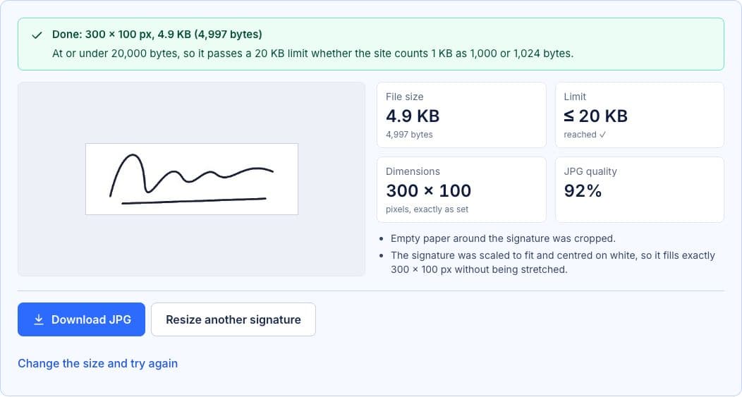 Signature Resizer result: a signature cropped and centred on white at exactly 300 × 100 px, 4.9 KB (4,997 bytes), under a 20 KB limit at 92% JPG quality.